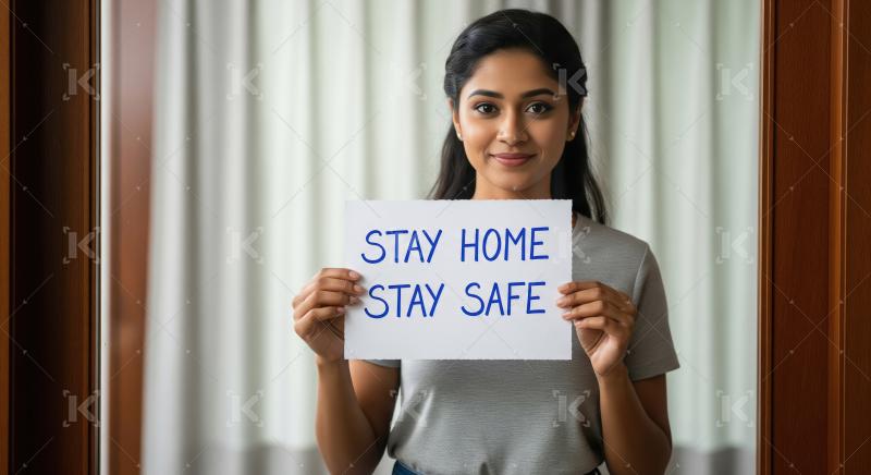Young Indian woman standing indoors, holding a handwritten “St