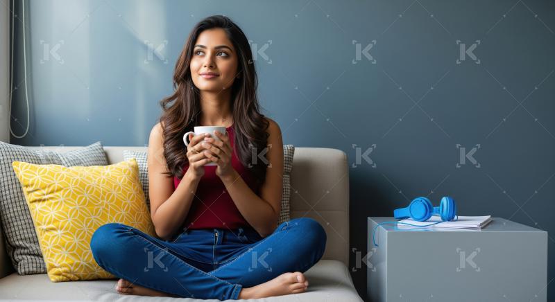Relaxed young Indian woman with long wavy hair sitting cross-leg