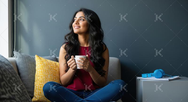 Relaxed young Indian woman with long wavy hair sitting cross-leg