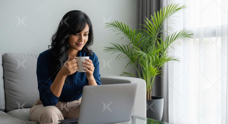 Young Indian woman working from home, sitting on a modern sofa w