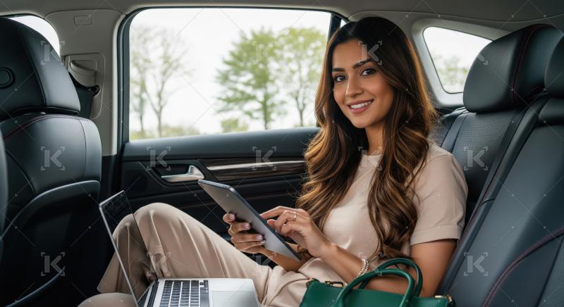 A stylish young Indian businesswoman works on a tablet and lapto