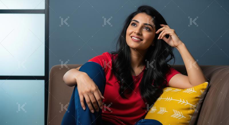 Cheerful young Indian woman in a red shirt sitting comfortably o