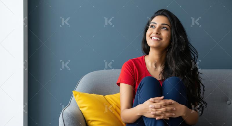 Cheerful young Indian woman in a red shirt sitting comfortably o