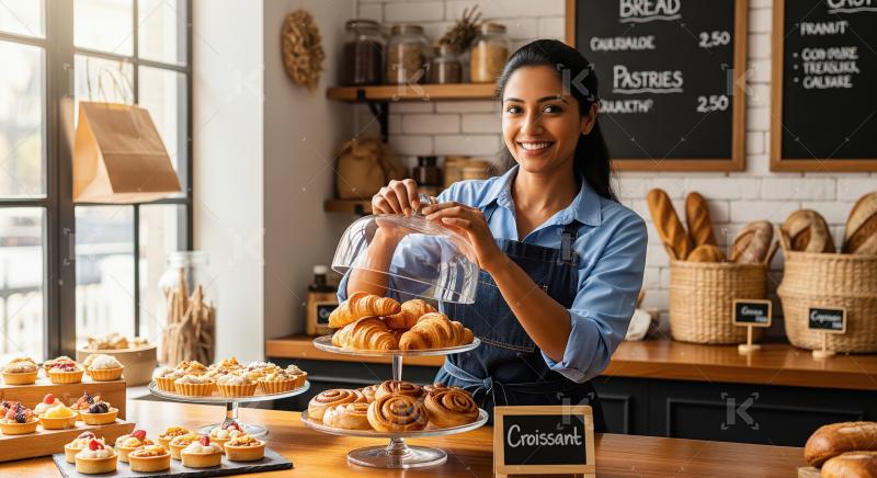 Smiling young baker arranging fresh croissants under a glass dom
