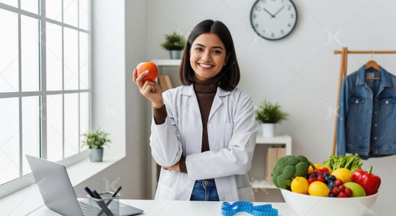 A young female nutritionist in a white lab coat stands in a brig