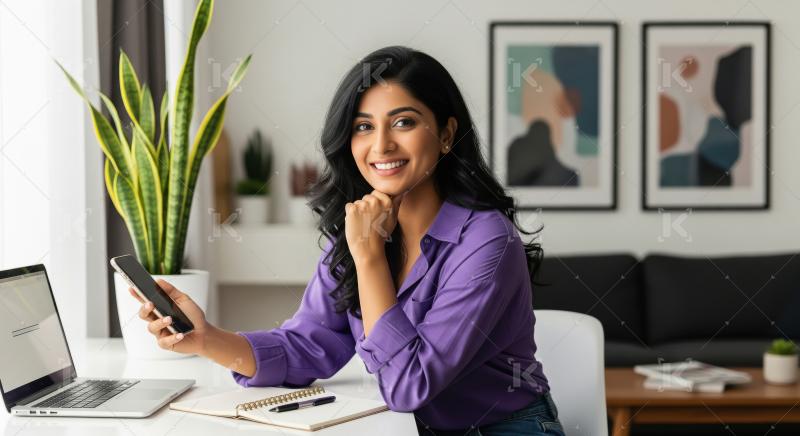 Confident young Indian woman in a purple shirt sitting at a mode