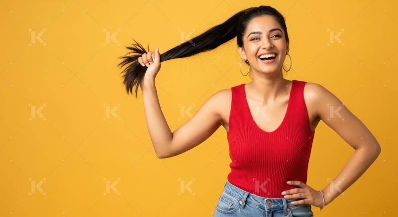 Cheerful young Indian woman in a red sleeveless top and jeans pl