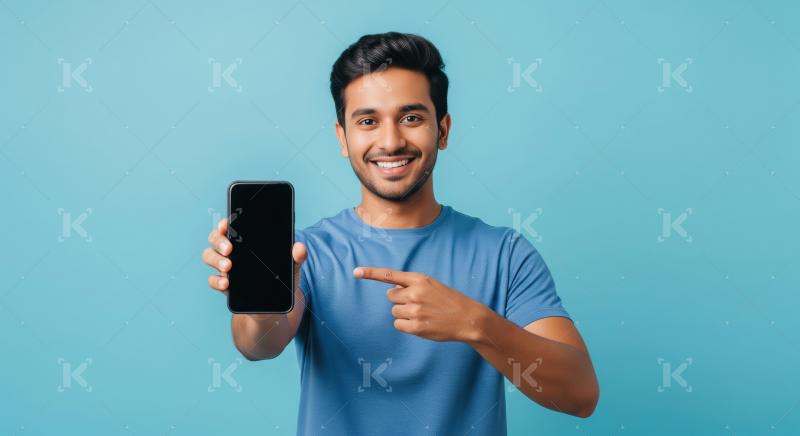 A cheerful young Indian man in a blue t‑shirt smiles at the ca