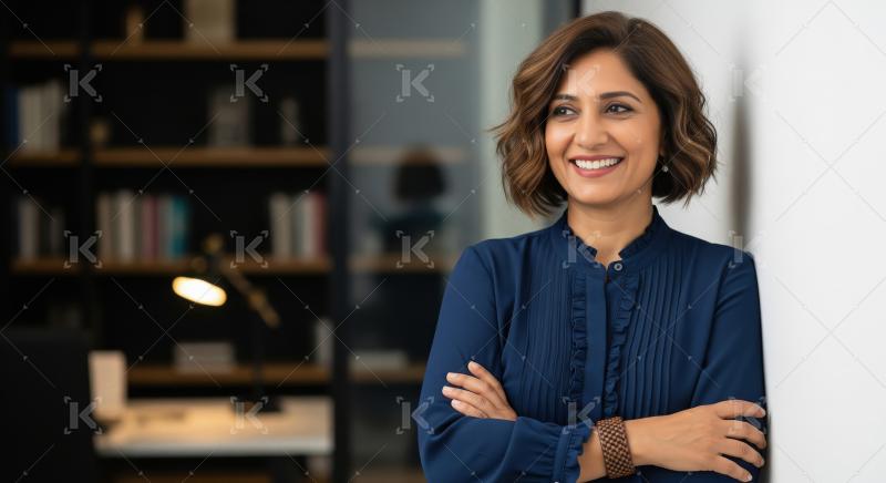 A confident middle‑aged Indian businesswoman in a navy blouse