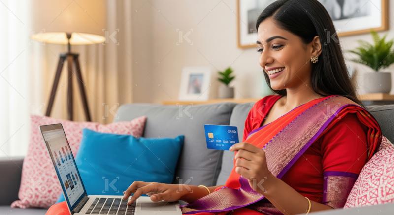 A joyful Indian woman in a bright saree sits on a cozy sofa, smi