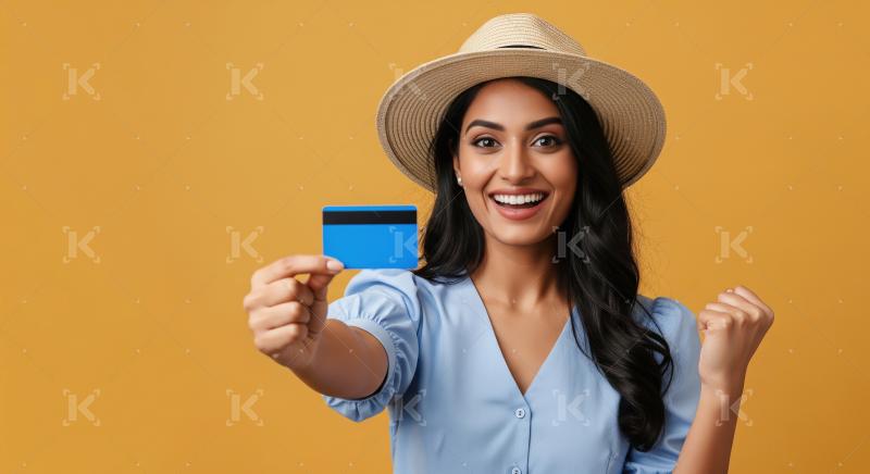 Young woman in travel hat showing card