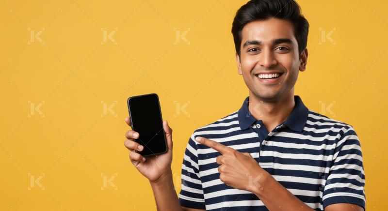 A cheerful young Indian man in a striped polo shirt smiles at th
