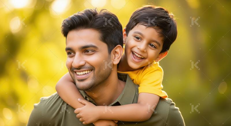 Joyful Indian father and son share a happy outdoor moment.