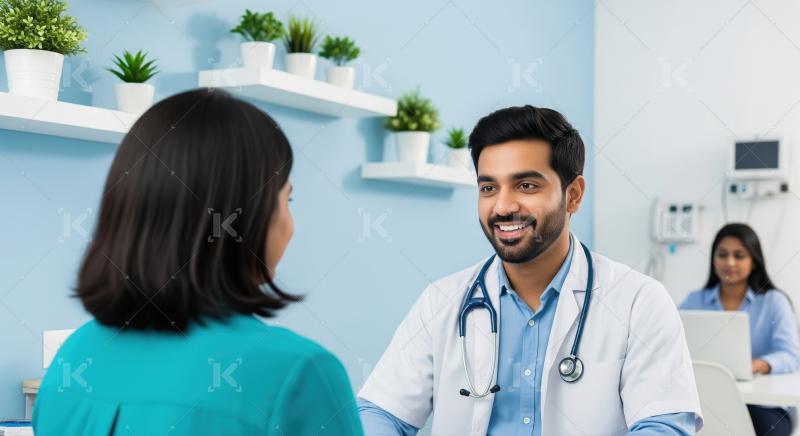 Male doctor consulting female patient in modern clinic.