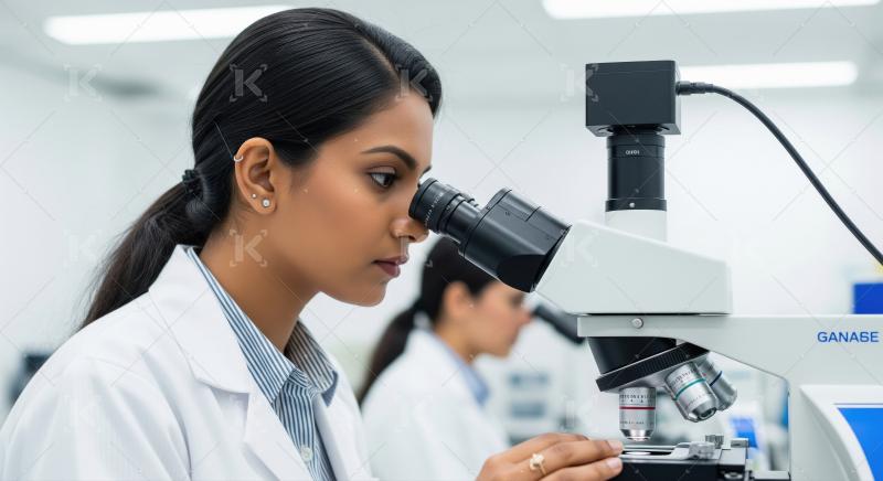 Young female scientist intently examining samples with microscop