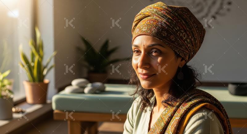 Serene Woman in Turban Bathed in Golden Sunlight