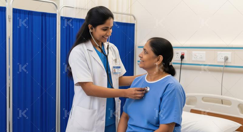 Smiling doctor uses stethoscope for patient check-up in hospital