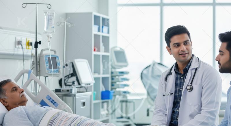 Indian doctor consults with patient's family in hospital room