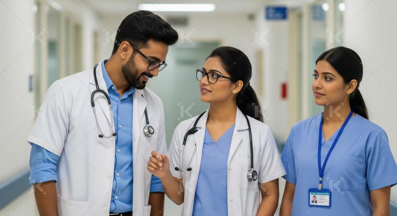 Diverse medical team collaborating in hospital hallway