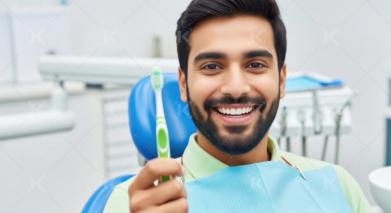 Happy Man Smiling, Holding Toothbrush at Dental Clinic