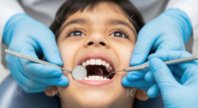 Young child receiving dental examination from professional