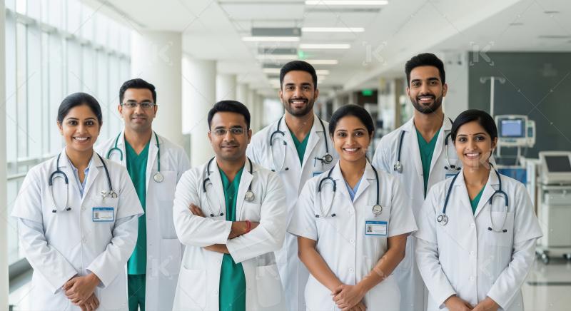 Indian Doctors Team in Hospital Hallway Smiling Together