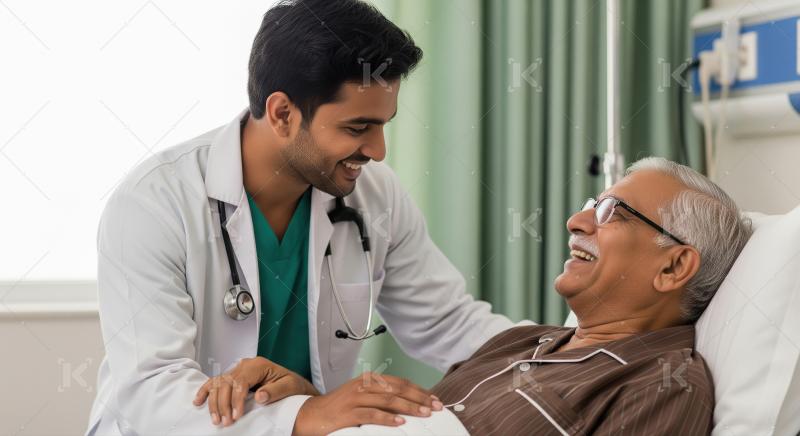 Young Doctor Comforts Smiling Elderly Patient in Hospital
