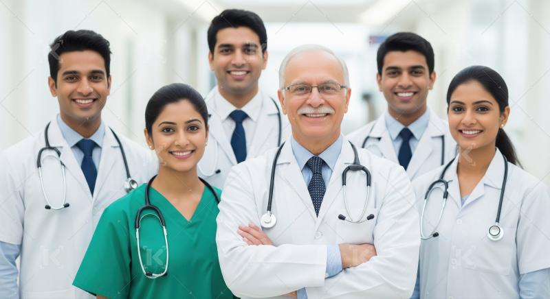 Smiling Indian medical professionals and senior doctor team