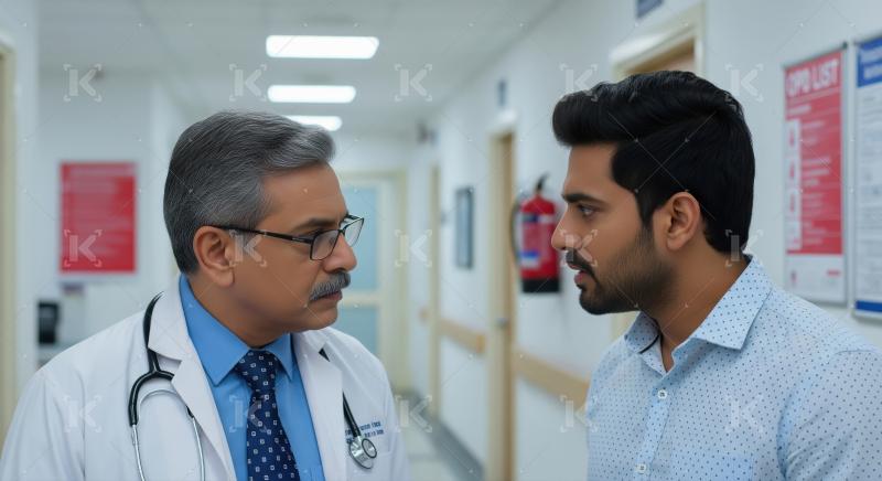 Doctor and Patient Discuss in Hospital Hallway