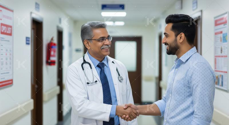 Smiling Indian Doctor and Patient Shaking Hands in Hospital