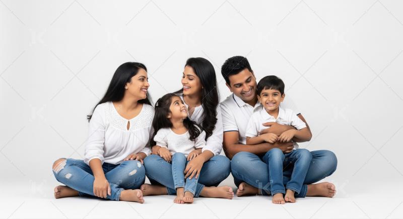 Happy Indian family sitting together, smiling, on white backgrou