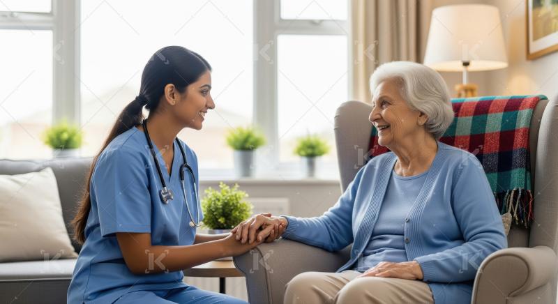 Compassionate Nurse Comforts Happy Senior Woman at Home