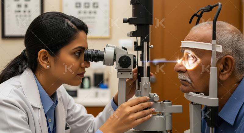 Optometrist performing eye examination on senior patient with sl