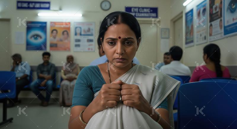 Worried Indian woman anxiously waits in eye clinic