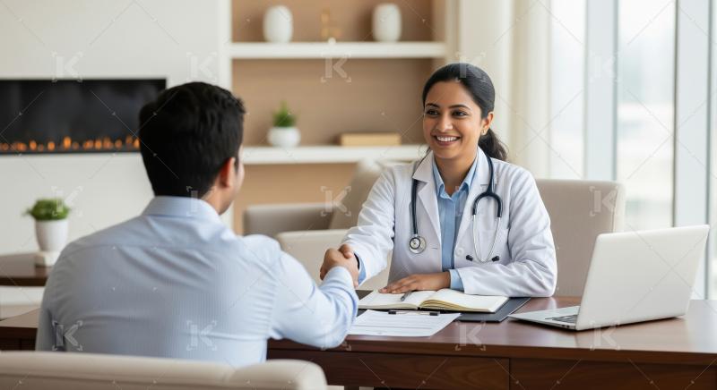 Friendly Indian Doctor Greets Male Patient During Consultation