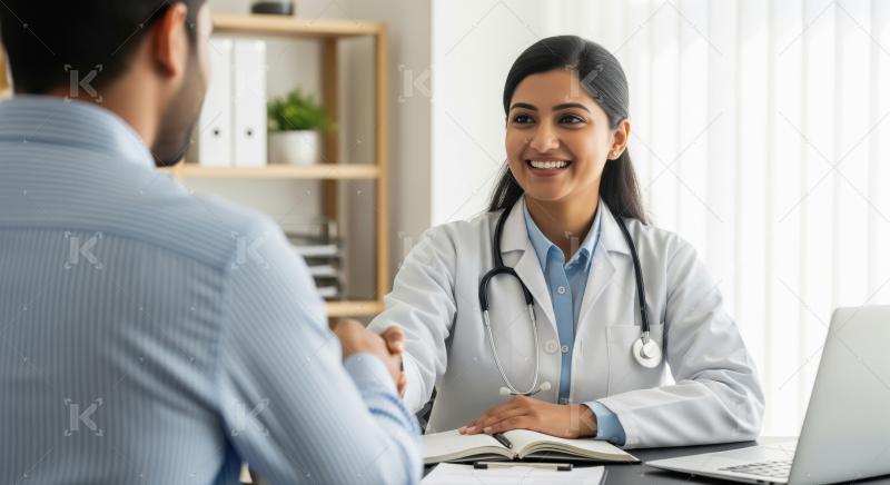 Smiling Doctor Shakes Hands with Patient During Medical Consulta