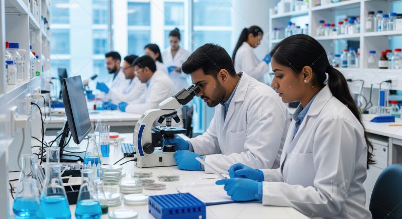 Scientists conducting research experiments in a modern laborator