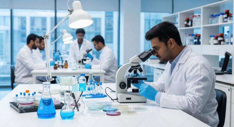Male Scientist Examines Samples Under Microscope in Modern Labor