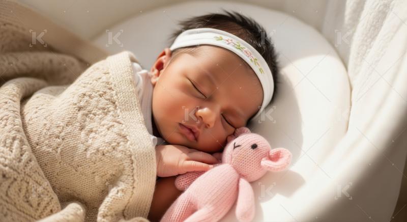 Peaceful newborn baby sleeps soundly with knitted toy in bassine