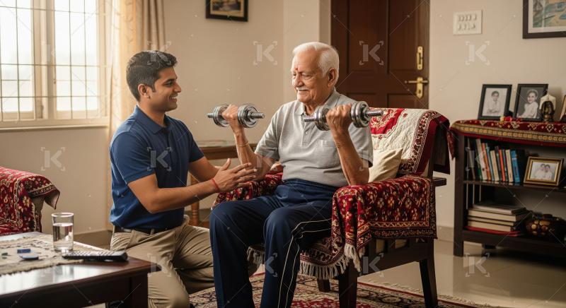 Grandfather and grandson exercising with dumbbells at home.