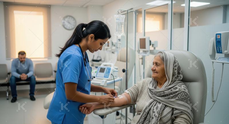 Nurse Administers IV Treatment to Elderly Patient in Clinic