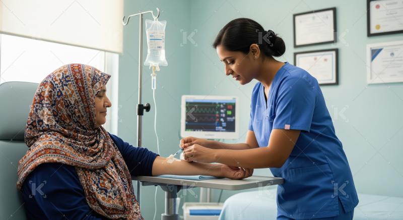 Caring Nurse Administering IV Drip to Patient in Hospital Room