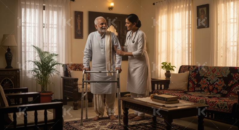 Female Doctor Assists Smiling Elderly Indian Man with Walker at