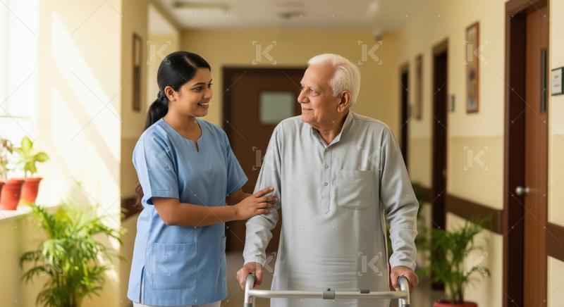 Indian Caregiver Helps Senior Man Walk with Walker