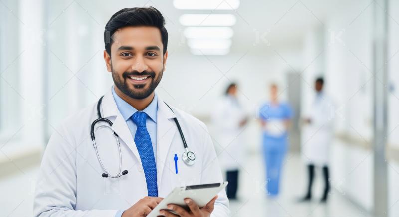 Smiling Male Doctor Holding Tablet in Hospital Corridor