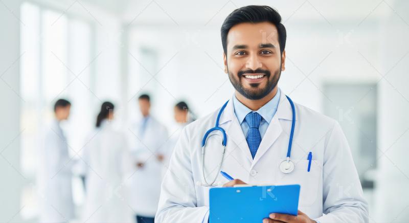 Smiling Young Male Doctor with Stethoscope and Clipboard in Hosp