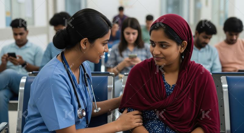 Nurse showing empathy to patient in hospital waiting room