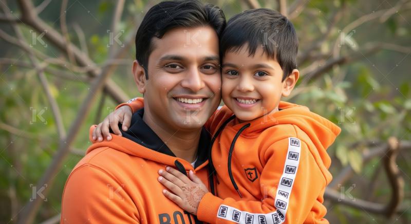 Happy Indian father and son smiling outdoors, warm embrace.