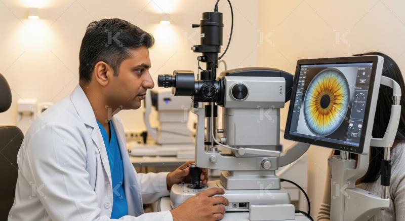Ophthalmologist examining patient's eye with advanced diagnostic
