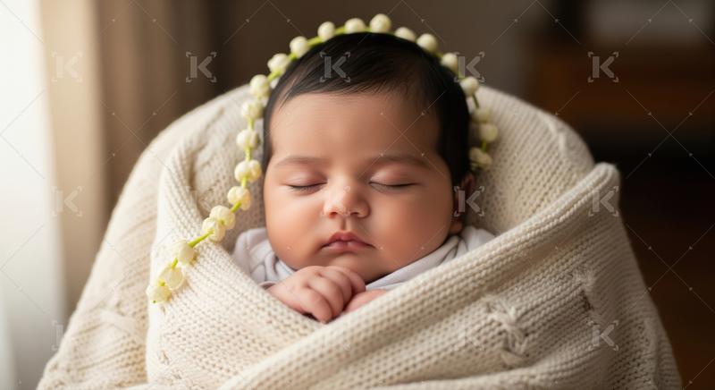 Peaceful Newborn Baby Sleeping Soundly Wrapped in Soft Knitted B